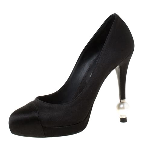 chanel heels black pumps|Chanel pumps with pearl heel.